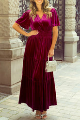 Tiered Notched Short Sleeve Dress with Pockets Cerise OutfitFlow